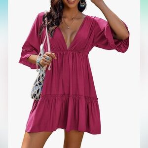 Women's Swimsuit Cover Up Dress V Neck Bathing Suit Beach Mini Dress